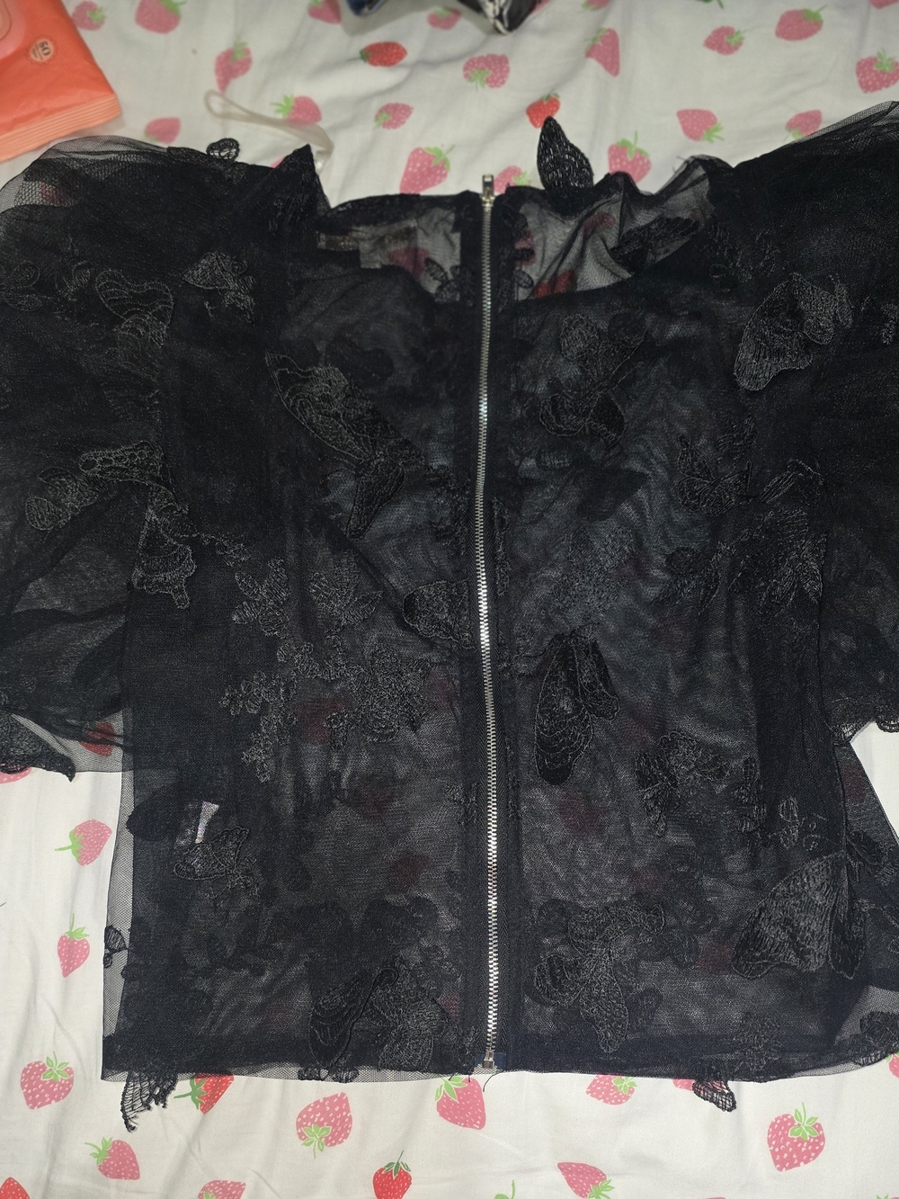 Pastel Black Sheer Mesh Butterfly Lace Puff Sleeve Zip Up Crop Top M